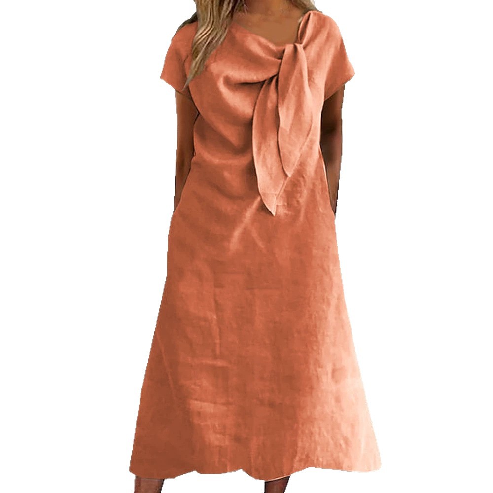 Women's Elegant Tie Print Midi Dress Short Sleeve Slim Fit