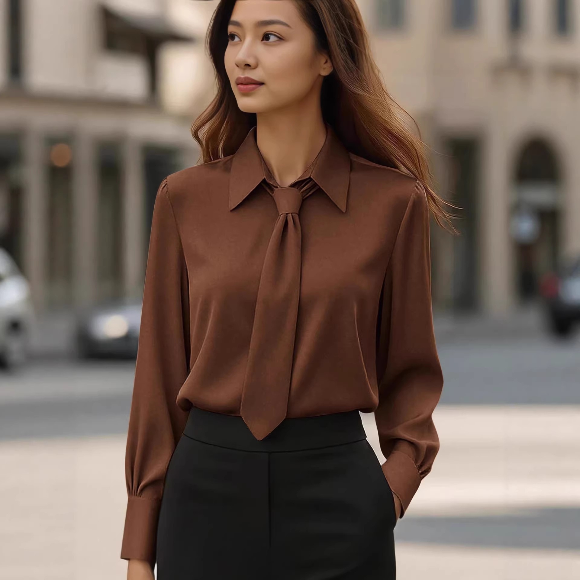 Women's Solid Color Tie-Neck Long Sleeve French Shirt