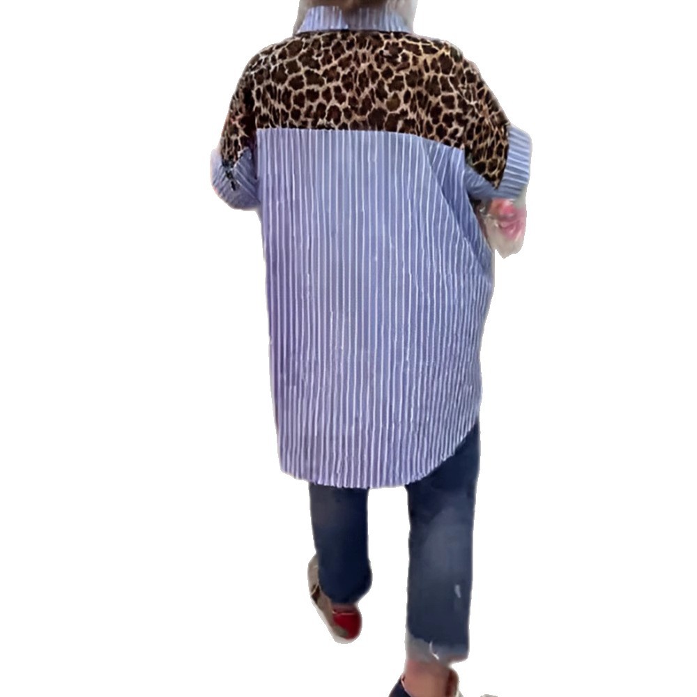 Striped Leopard Print Collared Shirt Top