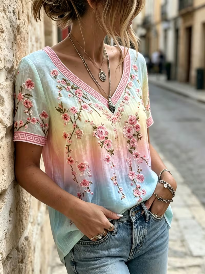 Elegant Floral Print V-Neck Short Sleeve Women's T-Shirt Top