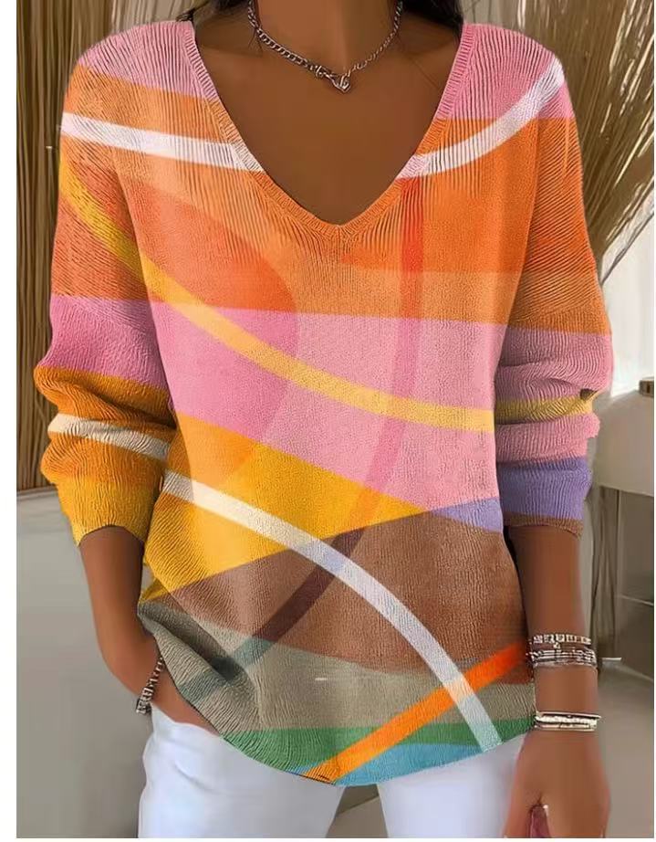Skull & Flower Print V-Neck Long-Sleeve Women's T-Shirt