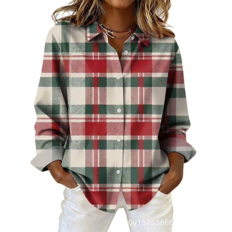 Women's Plaid Floral Print Long Sleeve Button-Up Shirt