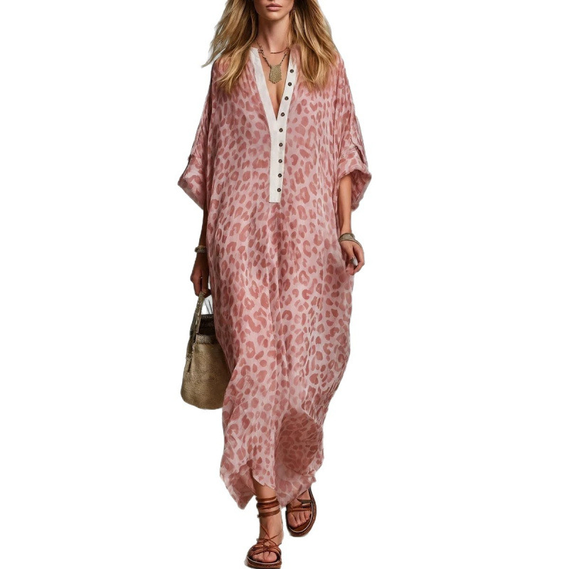 Women's Casual Loose V-Neck Long Leopard Print Dress