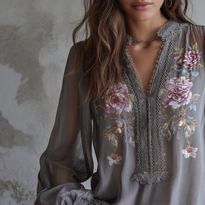 Vintage Embroidered Lace-Trim Chiffon Blouse