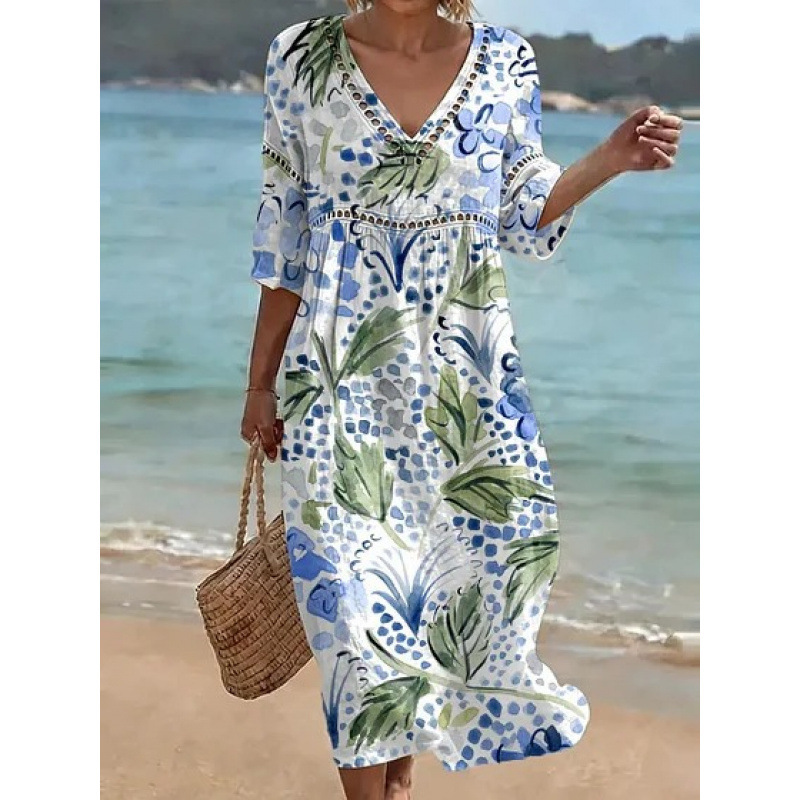 Women's Floral Print Pleated Midi Dress with Deep V-Neck and 3D Effect