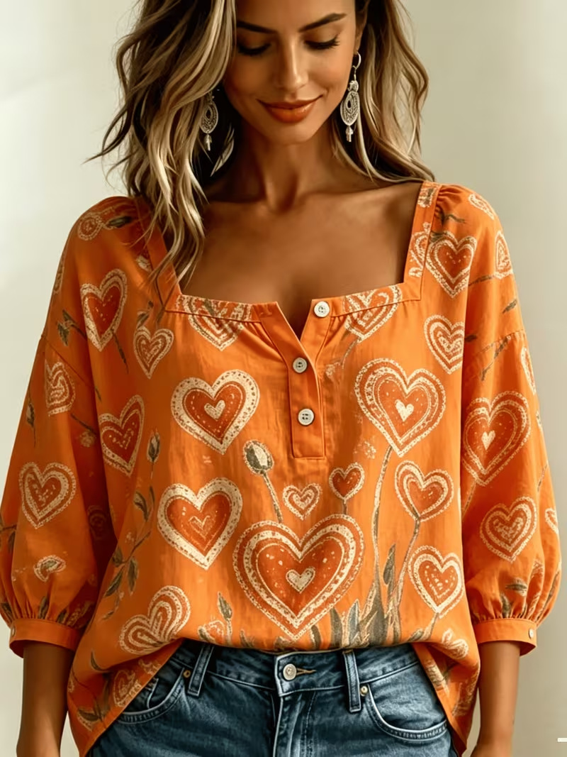 Women's Vintage Heart Print Long Sleeve Shirt