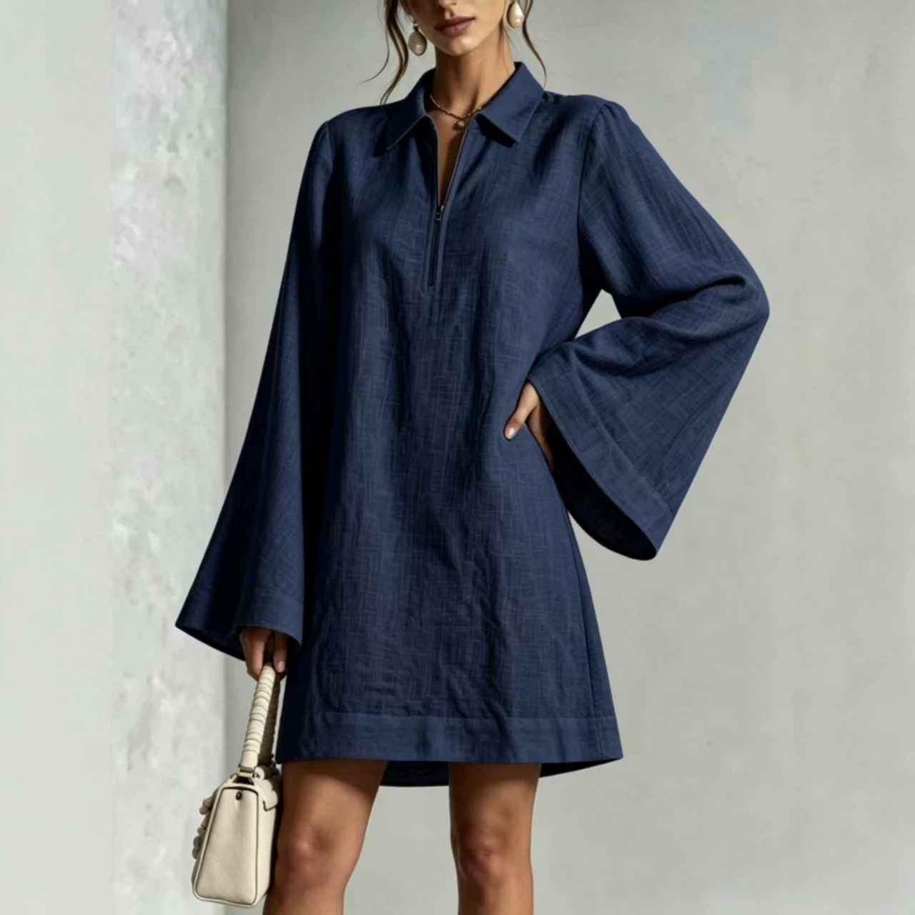 Solid Color Half-Zip Collared Loose Long-Sleeve Casual Dress