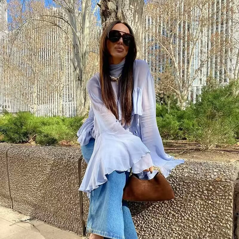 Women's Chiffon Long Sleeve Button-Up Shirt Slimming Design