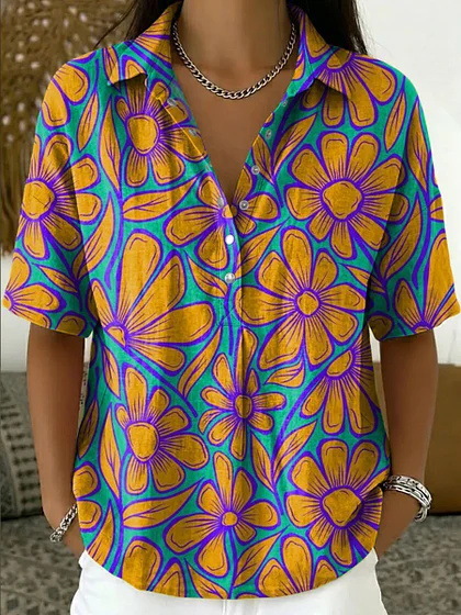 Women's Summer Bohemian Floral Polka Dot Print Half-Sleeve Blouse