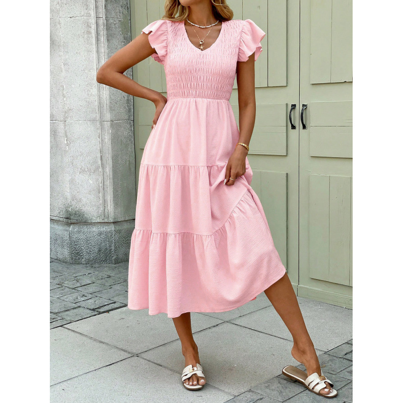 Solid Color Flutter Sleeve Dress