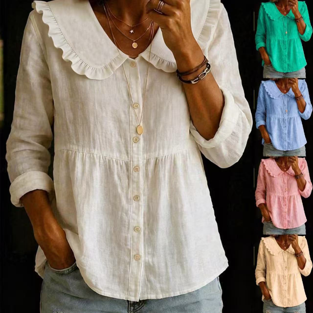 Women's Cotton-Linen Long-Sleeve Button-Down Blouse with Peter Pan Collar