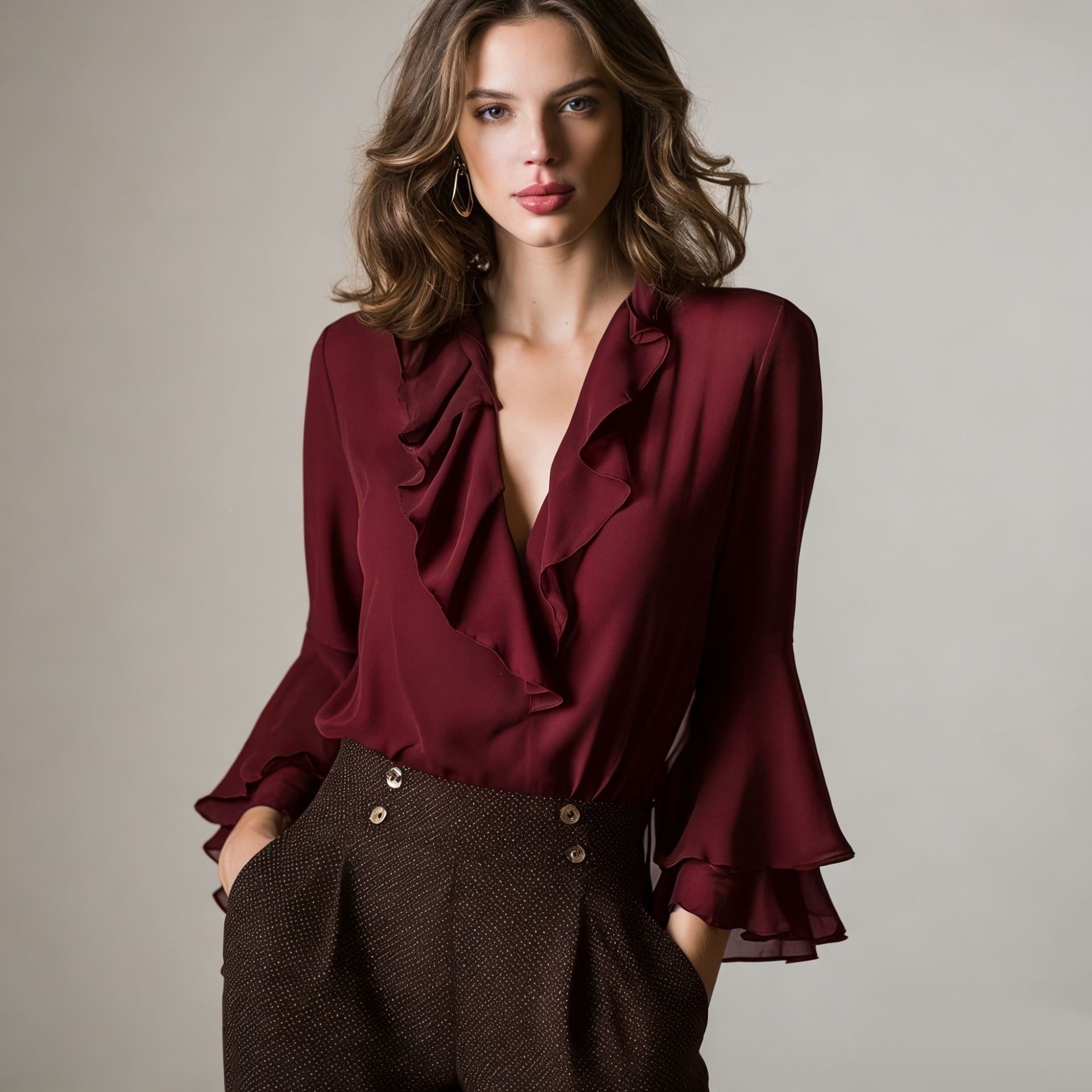 Ruffle Sweetheart V-Neck Long-Sleeve Chiffon Blouse