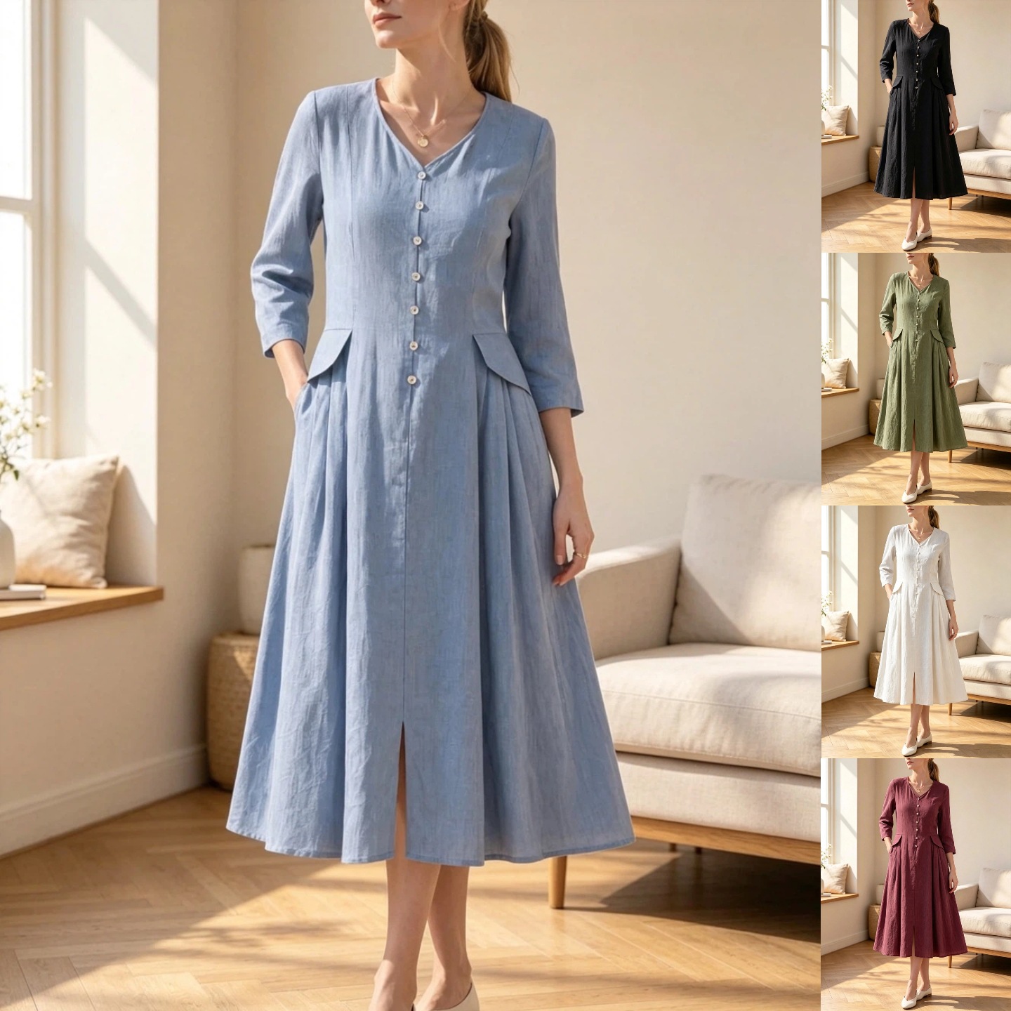 Solid Color High-Waist Loose A-Line Midi Dress with V-Neck and 3/4 Sleeves