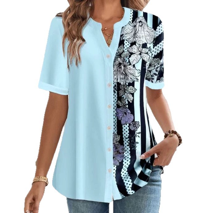 Color-Block Striped Button Short-Sleeve Print V-Neck Shirt