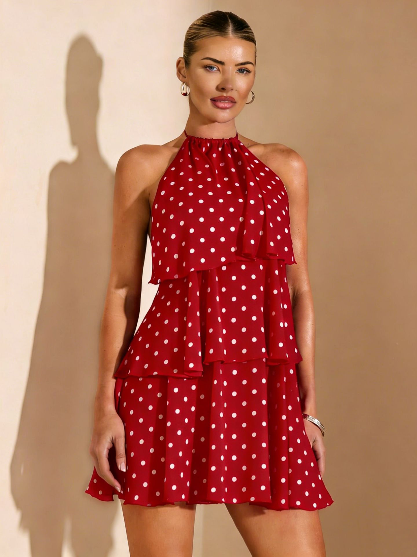 Women's Polka Dot Open Back Tie Ruffle Midi Dress