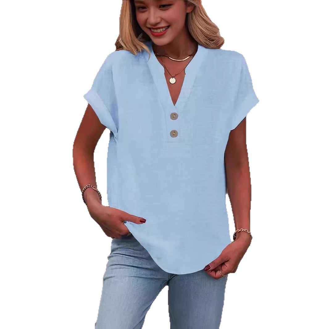 Women's Solid Color Stand Collar Button Short Sleeve Shirt