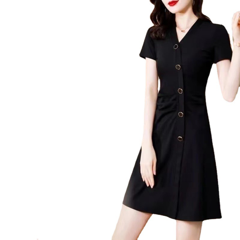 Women's Black V-Neck Short Sleeve A-Line Midi Dress Slimming Plus Size
