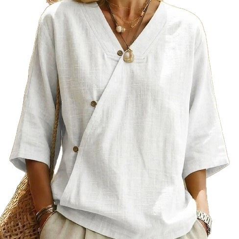Women's Cotton-Linen Vintage Asymmetric Button 3/4 Sleeve Blouse