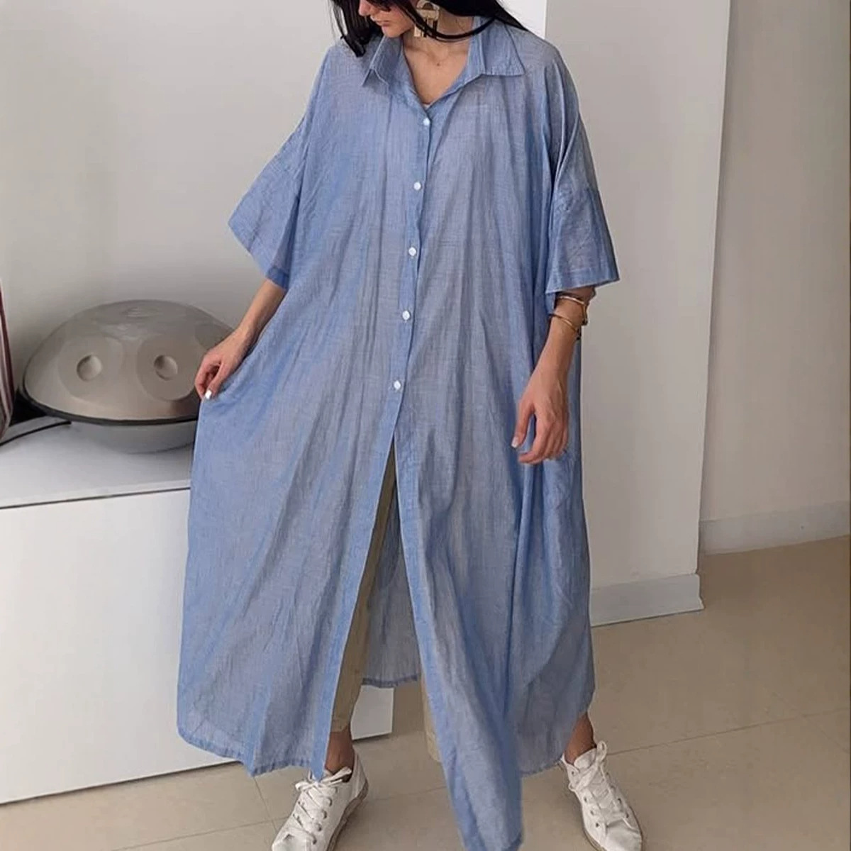 Women's Solid Cotton-Linen Mid-Sleeve Midi Shirt Dress