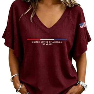 Women's V-Neck Rolled Sleeve T-Shirt with Letter Flag Print