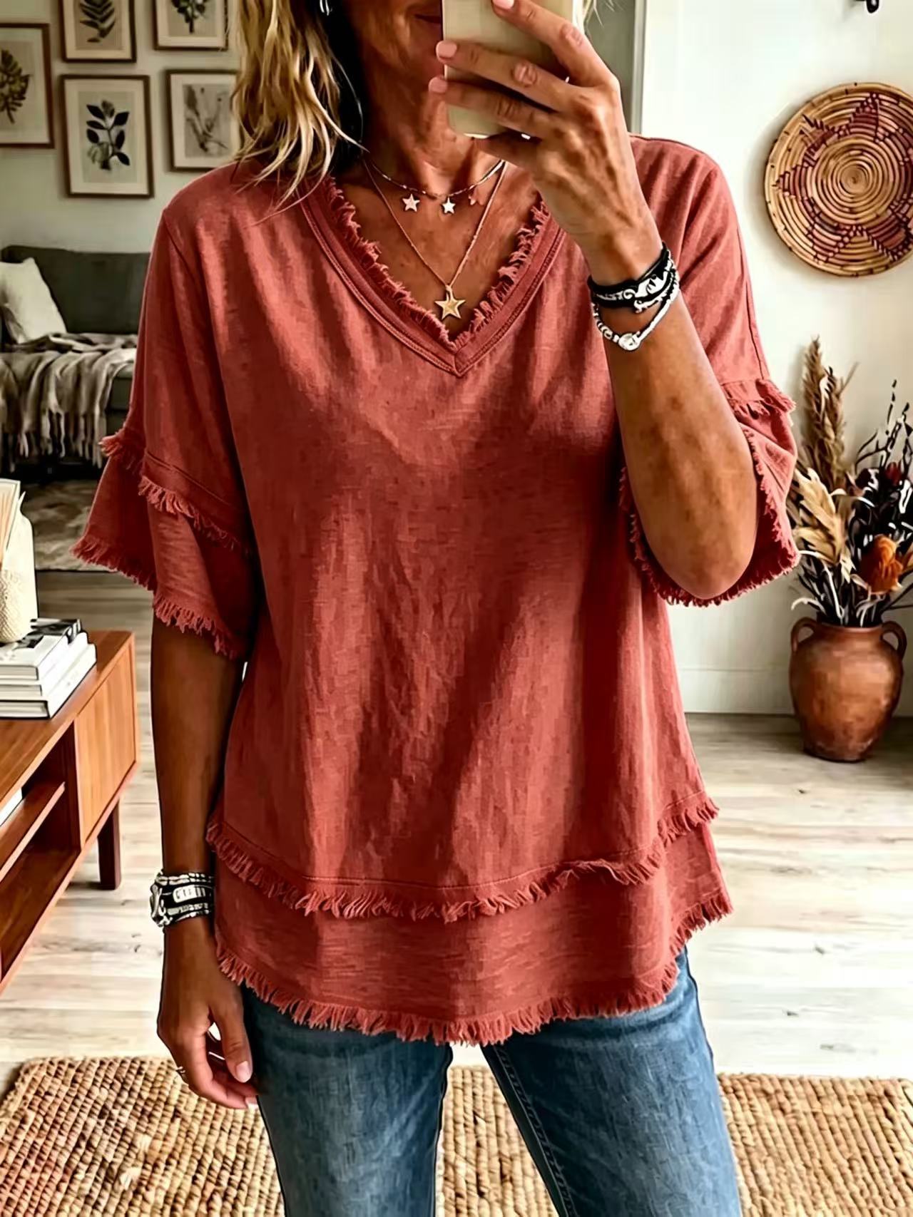 Women's Loose V-Neck Fringe Short-Sleeve Solid Casual Top