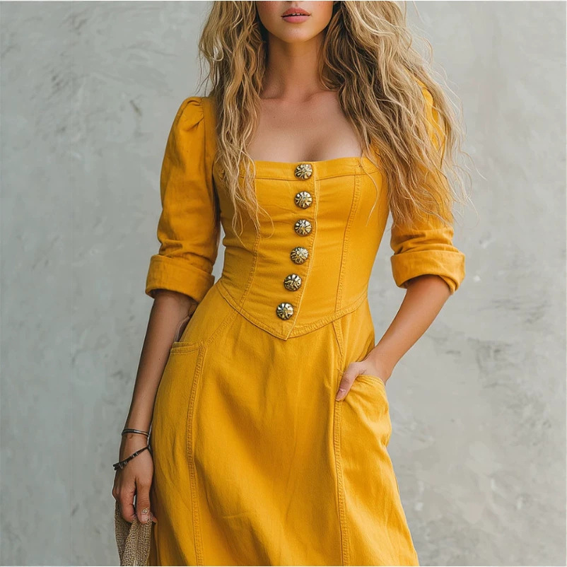 Retro Square Neck Puff Sleeve Metal Button Dress