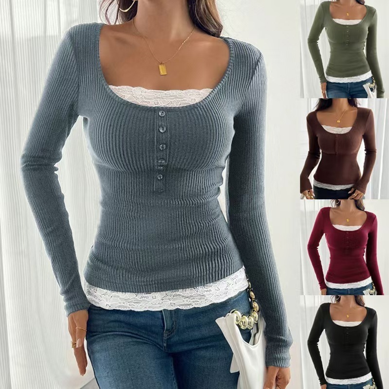 Slim-Fit Square Neck Lace-Trim Button-Front Long-Sleeve Knit Top