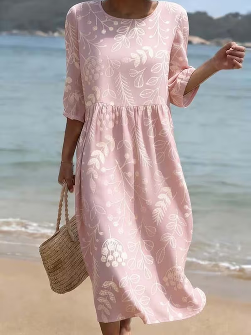 Women's Vintage Floral Print Pleated Midi Dress