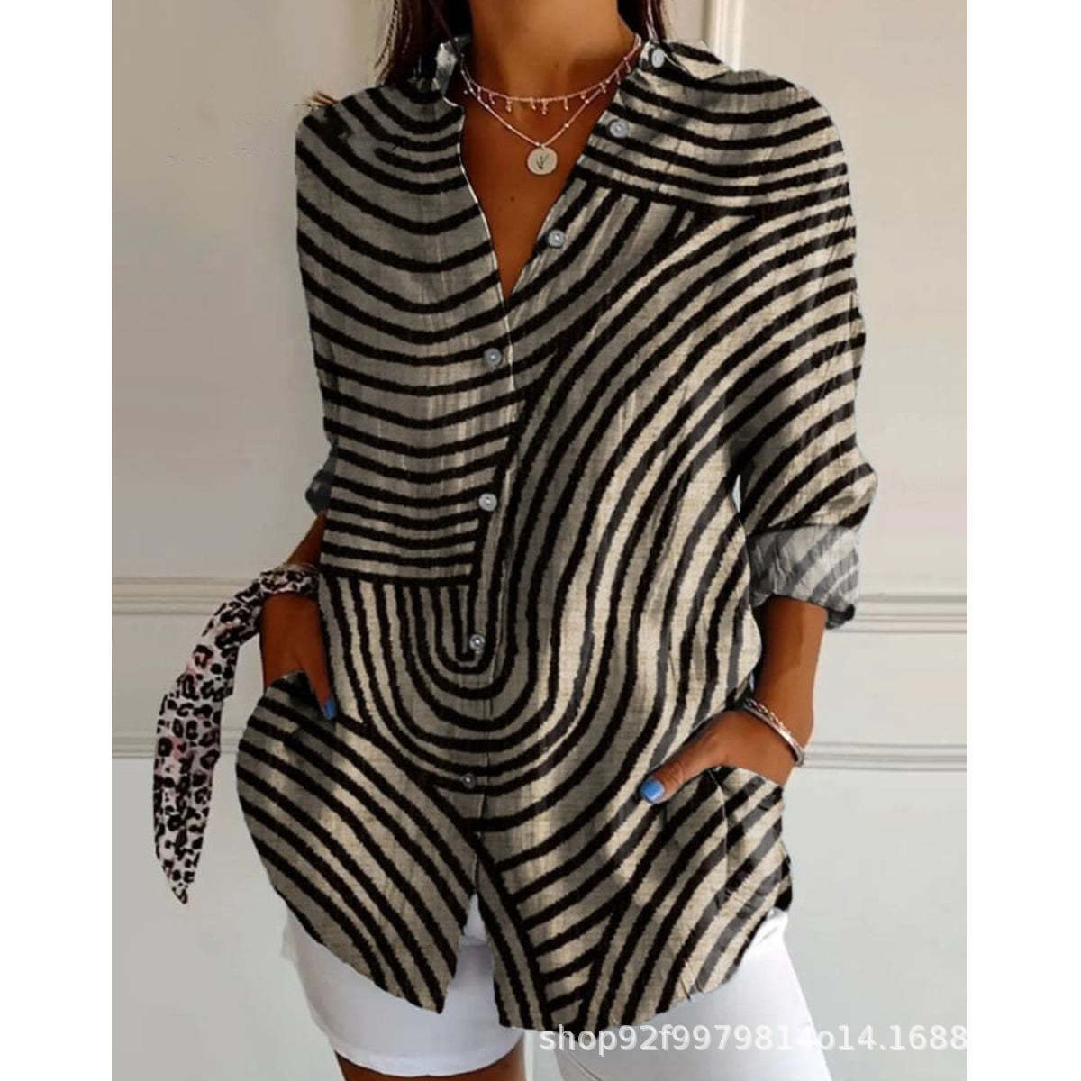 Women's Floral Green Leaf Print Long Sleeve Blouse