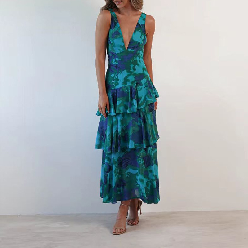 Elegant Botanical Print Cami Tiered Dress