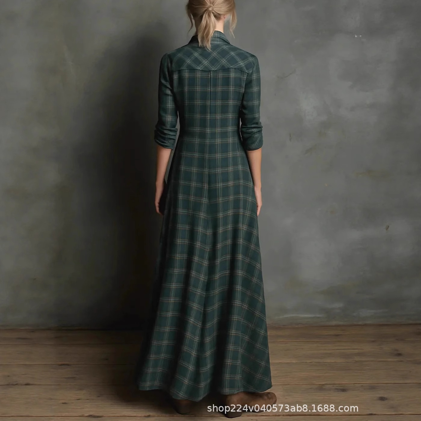 V-Neck Plaid Loose A-Line Long Dress