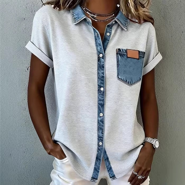Women's Color-Block Short-Sleeve Collared Shirt
