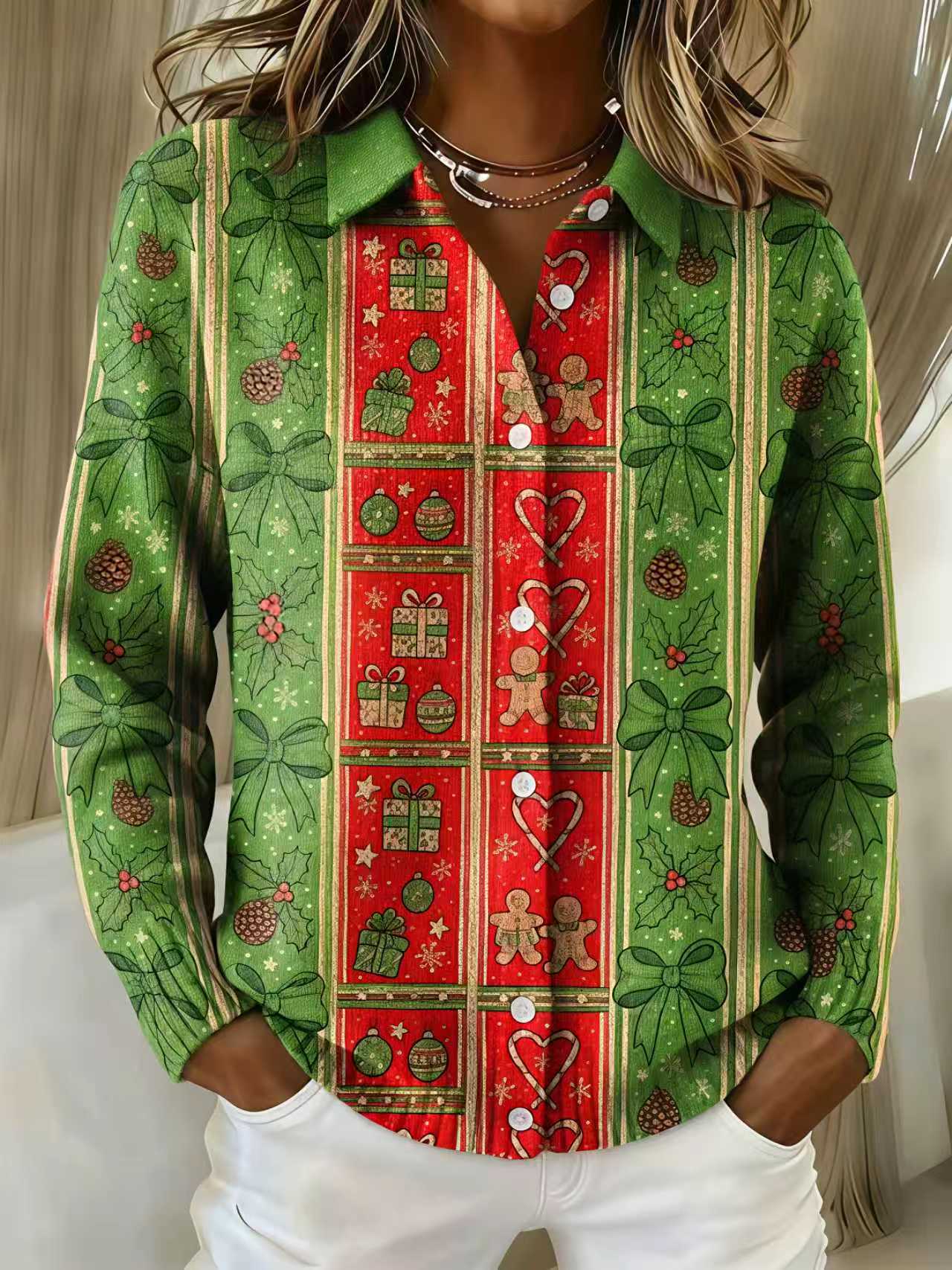 Women's Unique Plaid Print Long Sleeve Button-Up Shirt