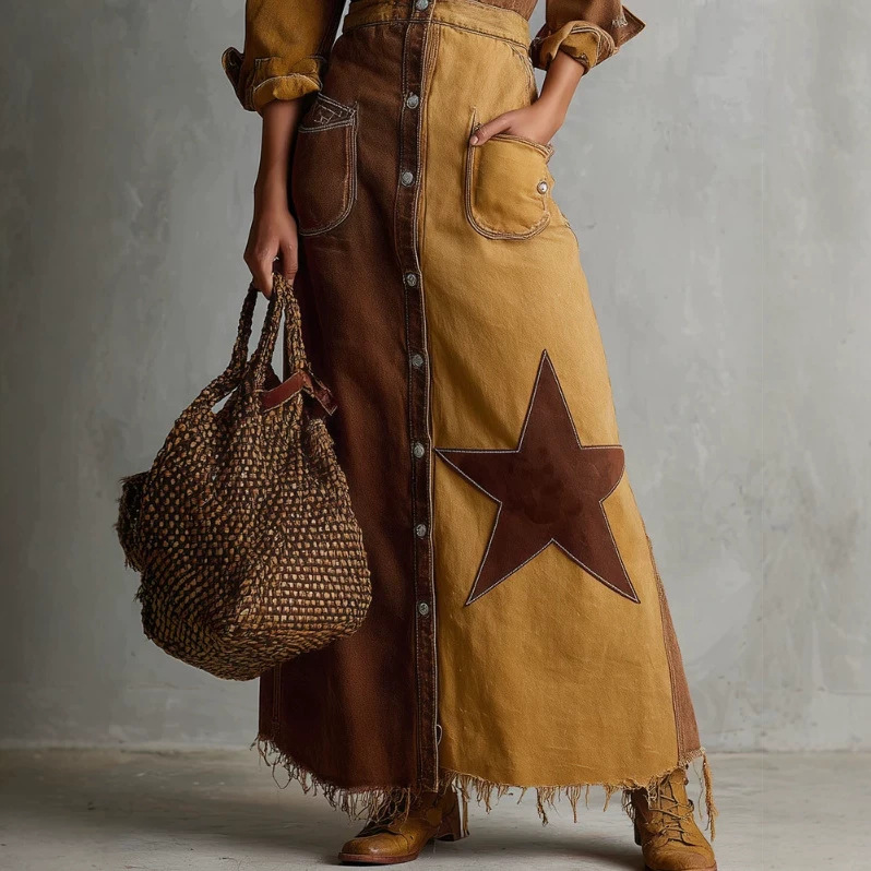 Retro American Patchwork Denim Long Dress