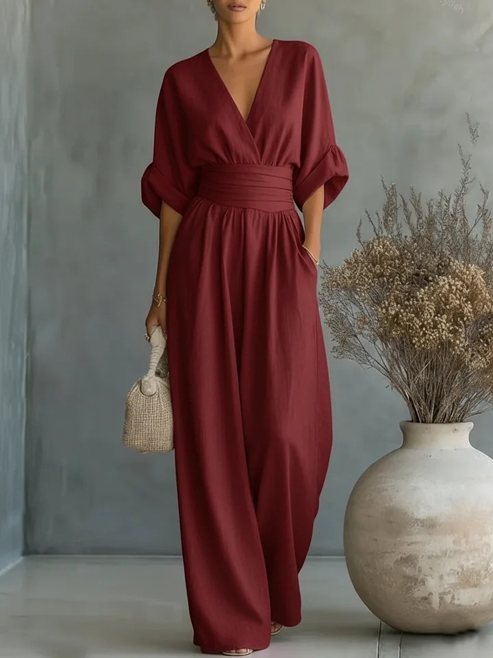 Elegant V-Neck Waist-Cinching Jumpsuit