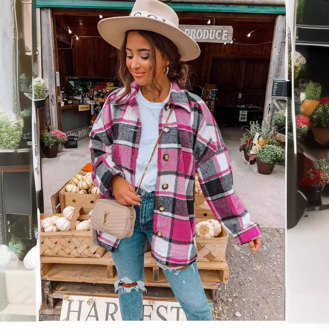 Women's Plaid Button-Front Long Sleeve Collared Loose Mid-Length Shirt Jacket