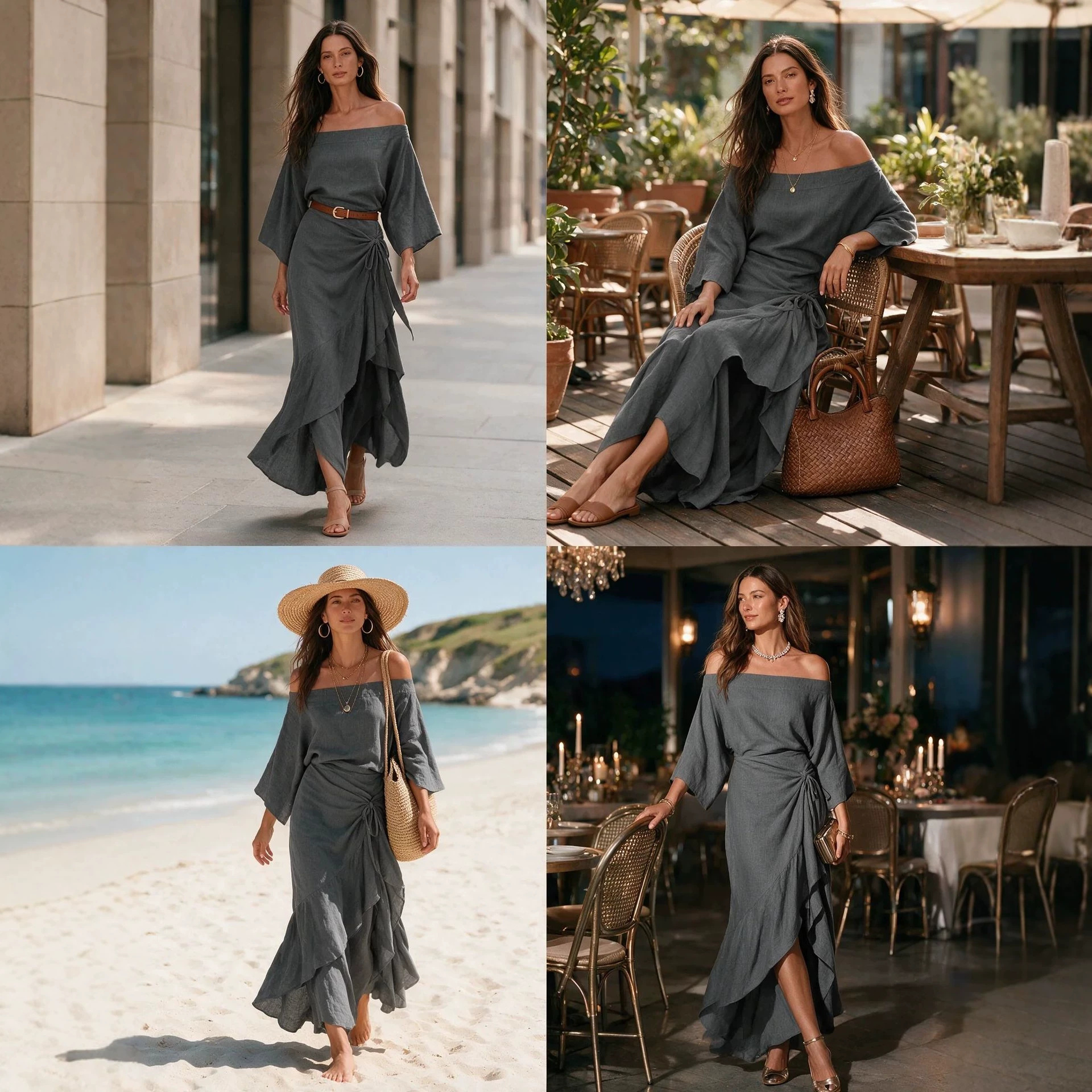 Off-Shoulder Linen-Blend Maxi Dress with Ruffles and Asymmetric Hem