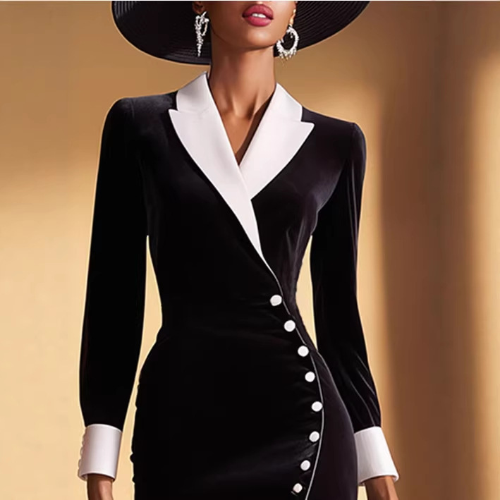 Elegant Black Velvet Midi Dress for Women