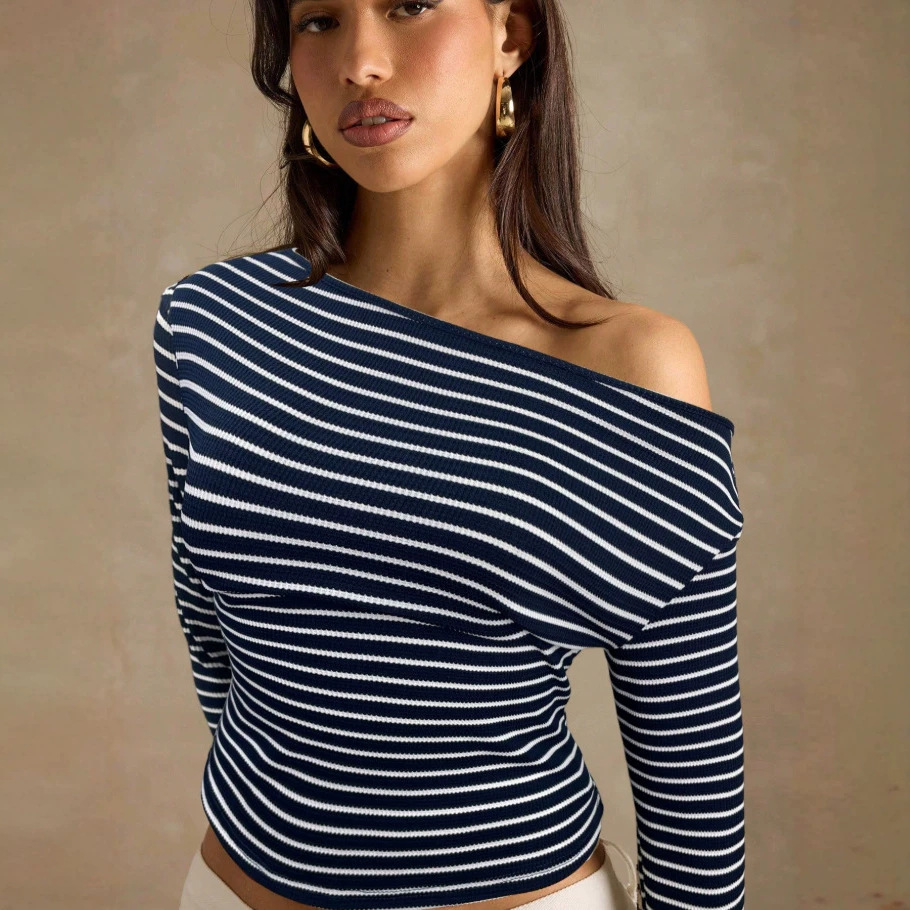 Striped Off-Shoulder Long-Sleeve Waffle Knit T-Shirt