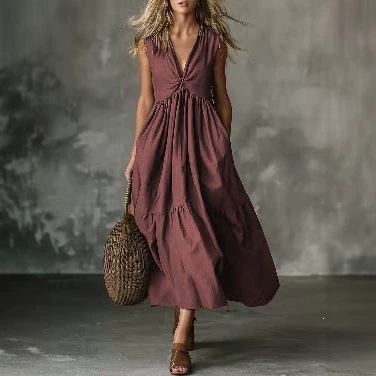 Solid Sleeveless Deep V-Neck A-Line Maxi Dress