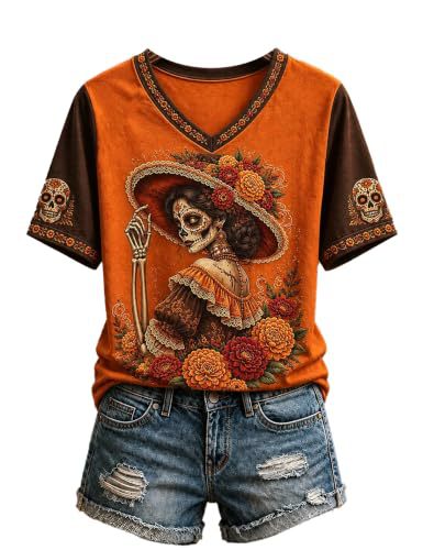 Skull Print Short Sleeve V-Neck Top for Women