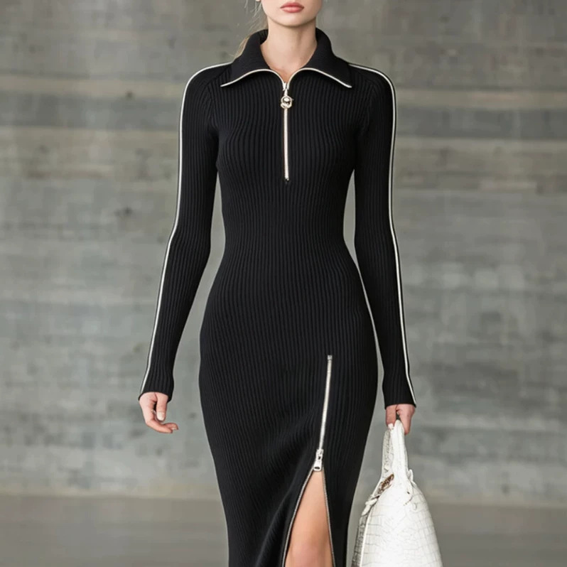 Women's Vintage Half-Zip Long Sleeve Midi Dress with Slit in Black
