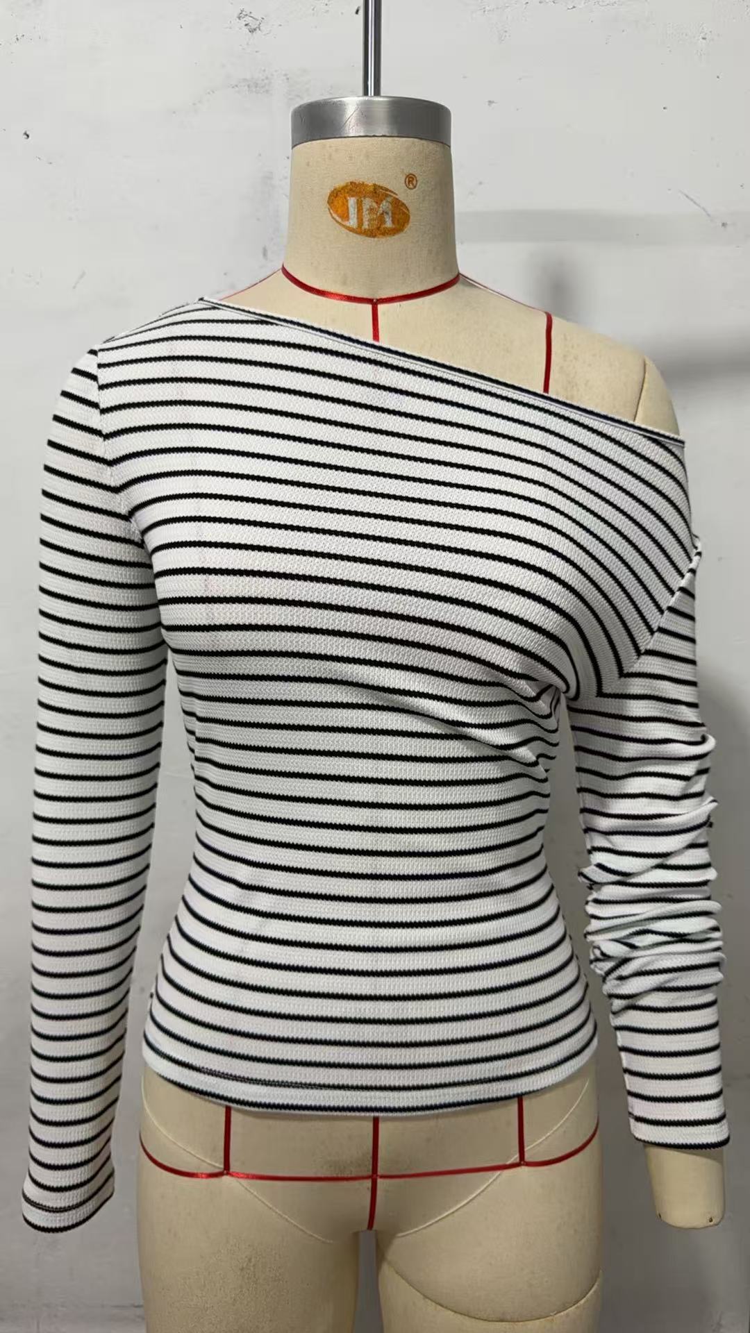 Striped Off-Shoulder Long-Sleeve Waffle Knit T-Shirt