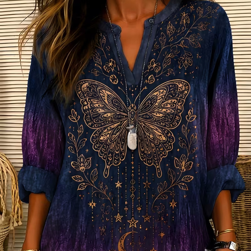Sun Moon Butterfly Dragonfly Print V-Neck Long Sleeve Women's T-Shirt