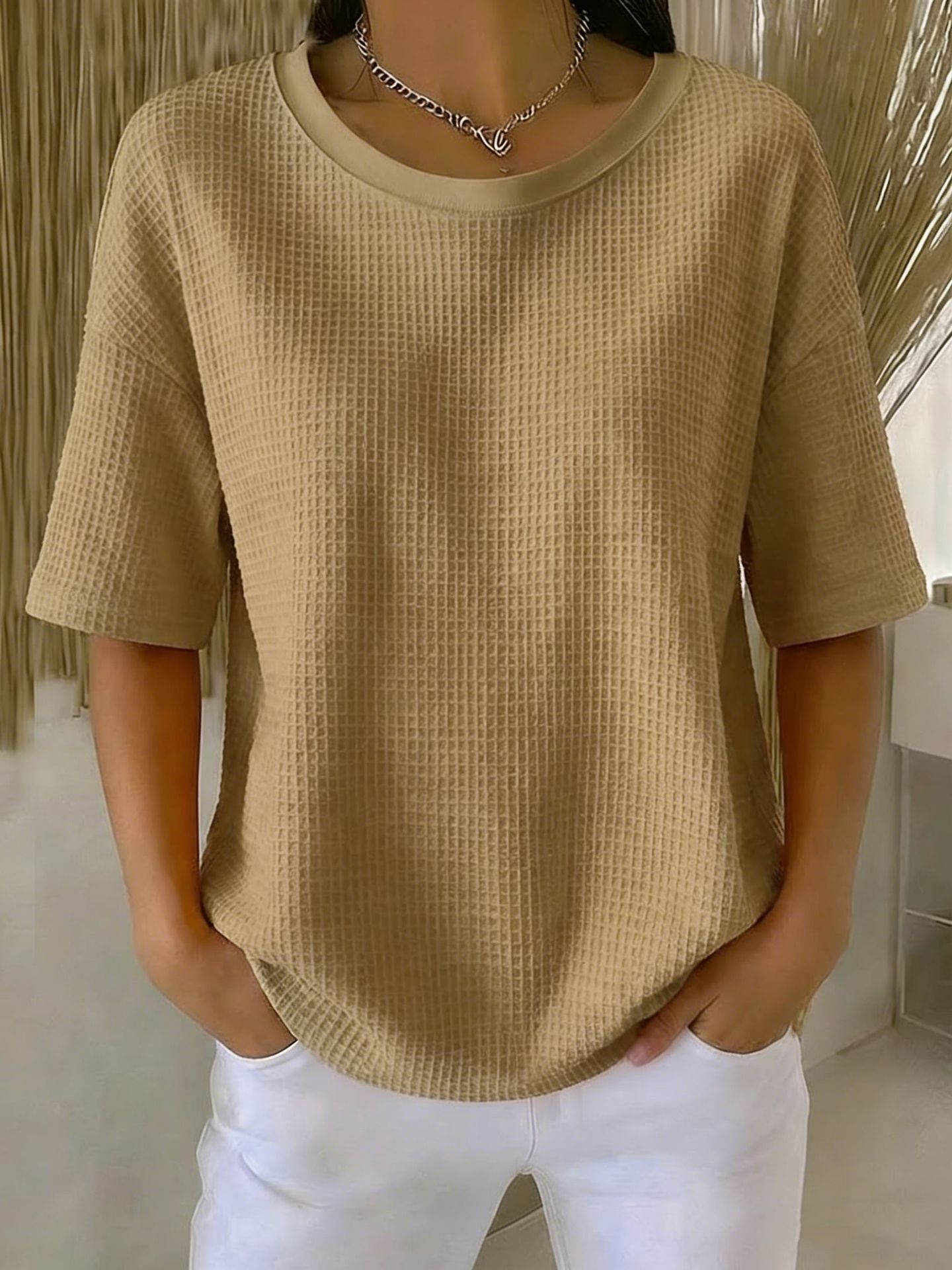 Women's Summer Waffle Knit Crewneck Short Sleeve Top