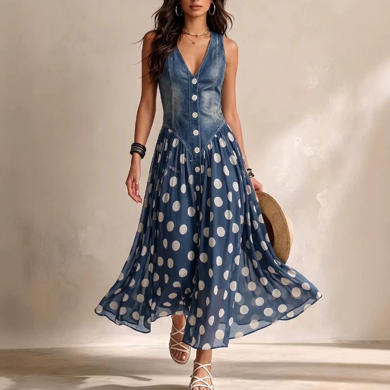 Polka Dot Faux Denim Print Sleeveless Long Dress