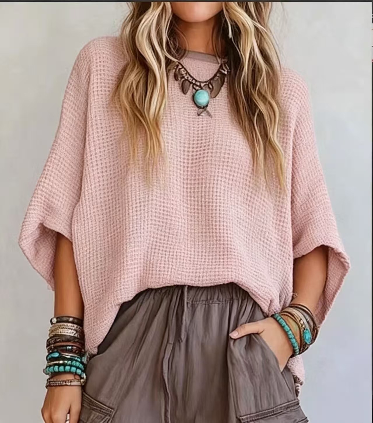 Waffle Knit Loose Fit Half Sleeve Crewneck Women's T-Shirt