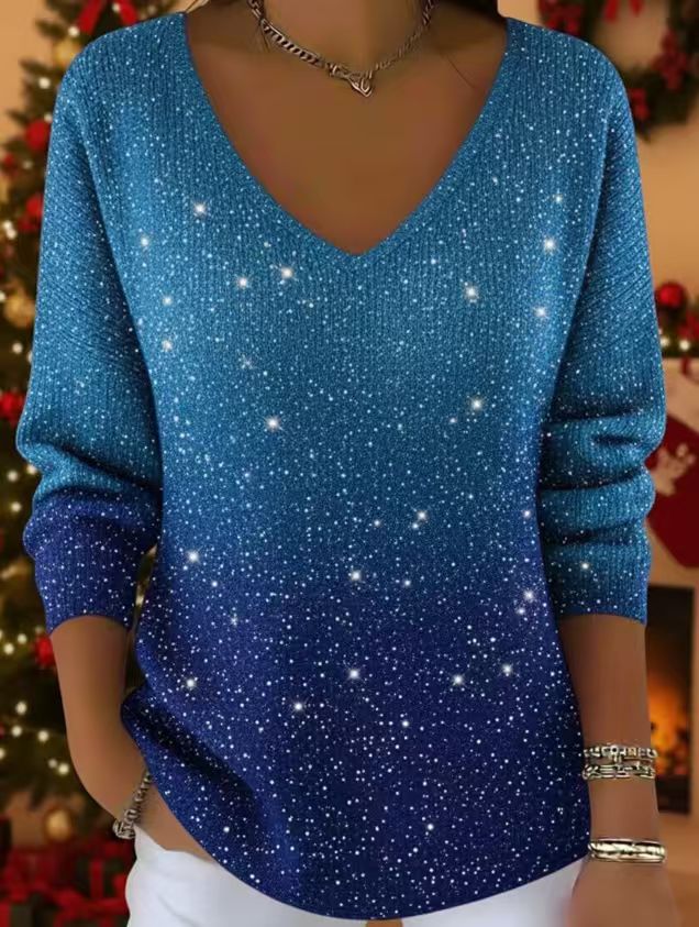 Women's Star Polka Dot Print V-Neck Long Sleeve T-Shirt