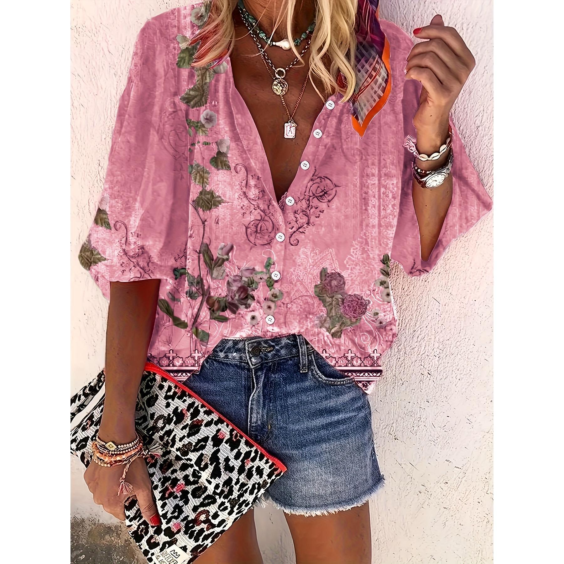 Women's Retro Print Button-Up Shirt with Stand Collar Loose Fit