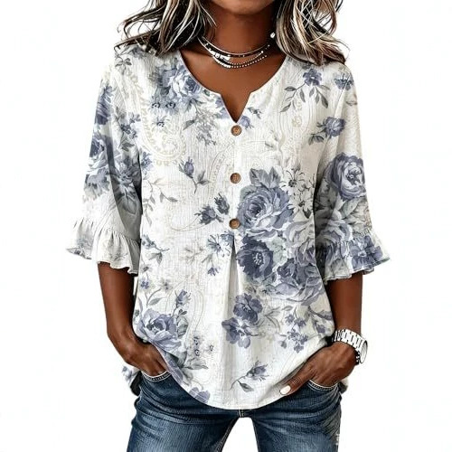 Women's Floral Print Short Sleeve Button-Up Casual Shirt
